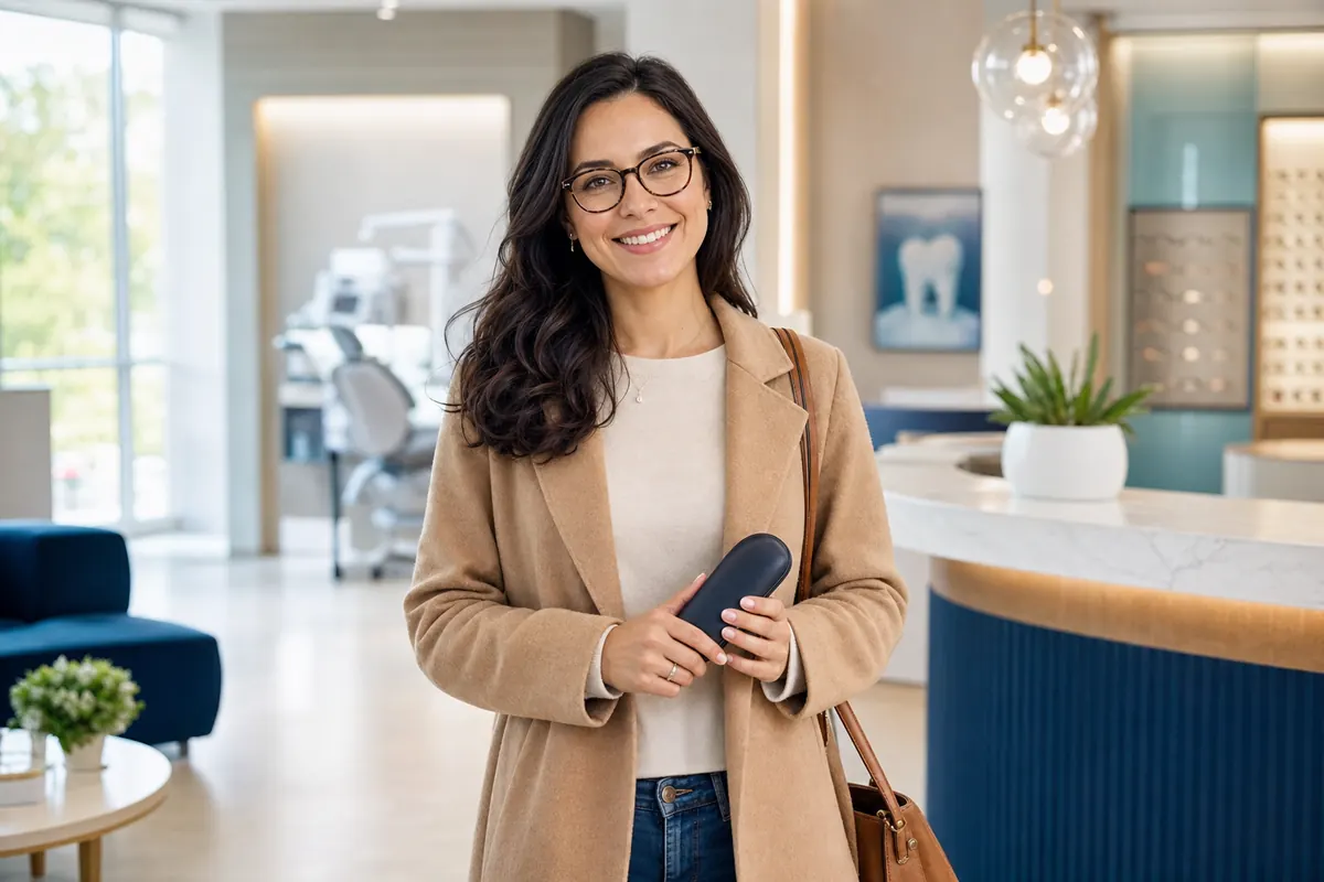 Woman wearing eyeglasses after a routine dental and vision visit