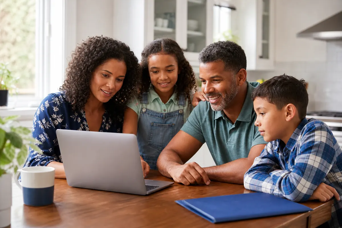 Family comparing health insurance coverage together at home